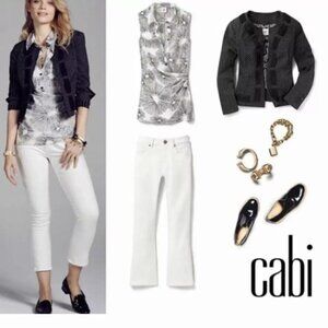CABI Womens SMALL White/Black Priority TOP Sketch Print Faux Wrap Blouse NWT NEW